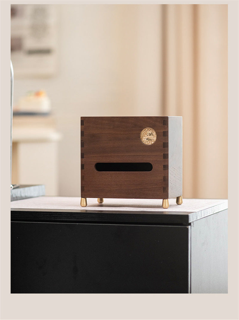 Black Walnut Wood Tissue Box - Desktop Organizer with Storage Compartment