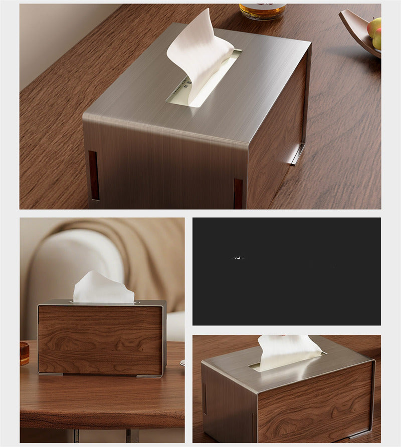 Brushed Stainless Steel & Walnut Wood Tissue Box , Minimalist Rectangular Napkin Dispenser, Tissue Holder for Coffee Table Bedroom Office, Luxury Home Decor Storage Box