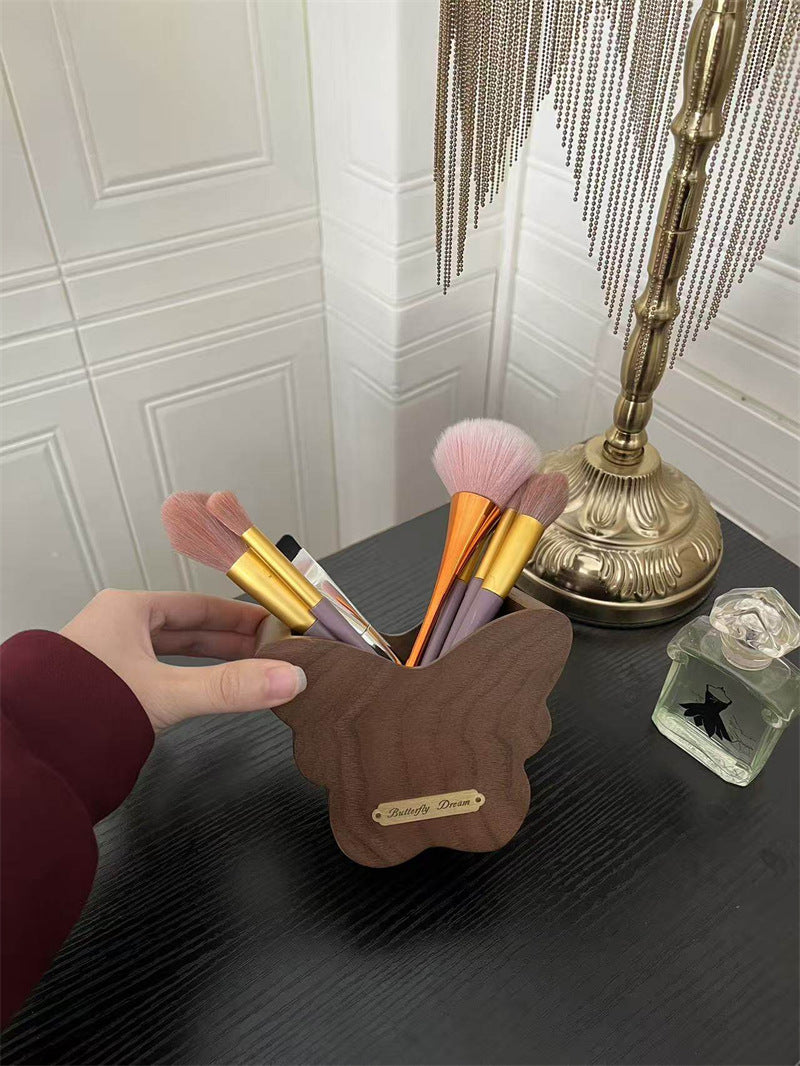 Butterfly Solid Walnut Wooden Makeup Brush Organizer & Desk Pen Holder, Aesthetic Vanity Desktop Storage Decor for Bathroom Office