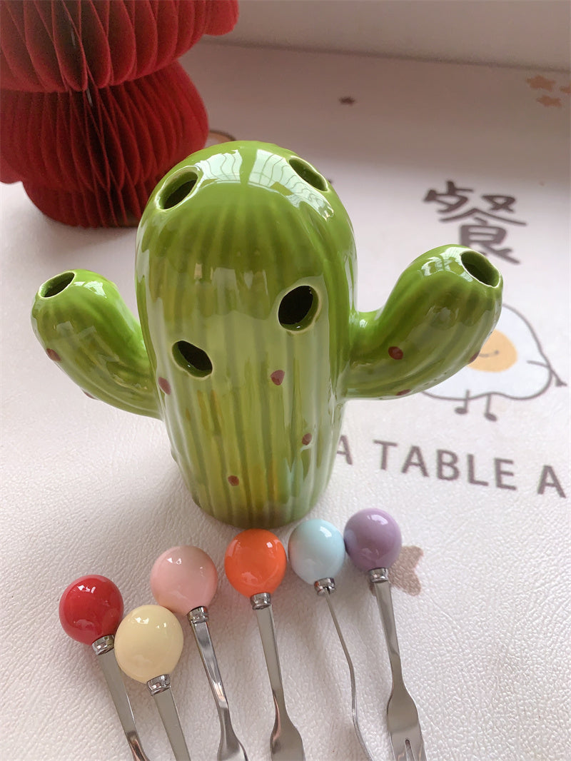 Cactus Ceramic Fruit Fork Set - 6 Colorful Mini Forks