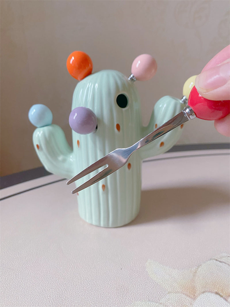 Cactus Ceramic Fruit Fork Set - 6 Colorful Mini Forks