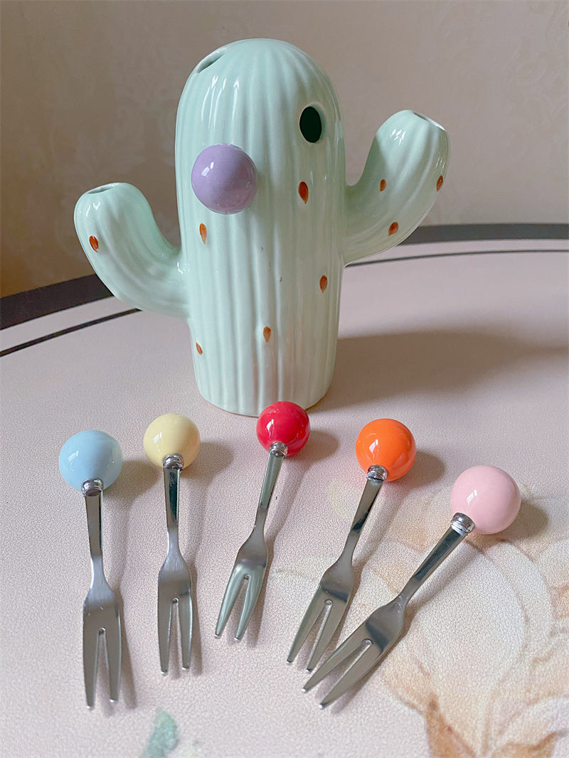 Cactus Ceramic Fruit Fork Set - 6 Colorful Mini Forks