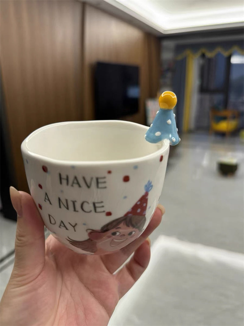 Cartoon Happy Boy And Girl Ceramic Coffee Cup, Creative Gift