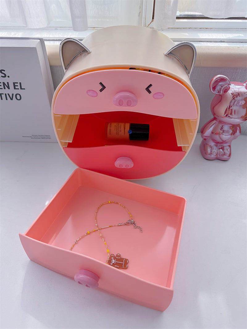 Cartoon Pig Storage Box With Drawer, Office Bedroom Desk Organization