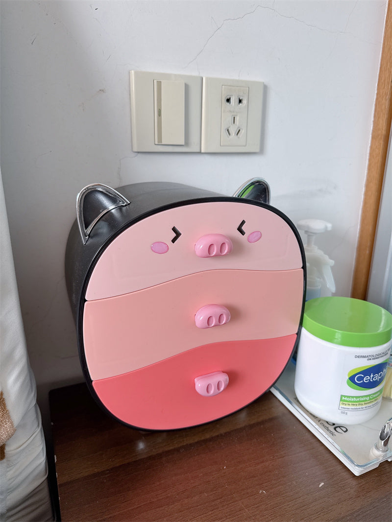 Cartoon Pig Storage Box With Drawer, Office Bedroom Desk Organization