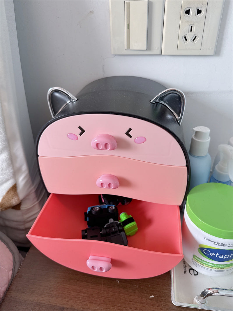 Cartoon Pig Storage Box With Drawer, Office Bedroom Desk Organization