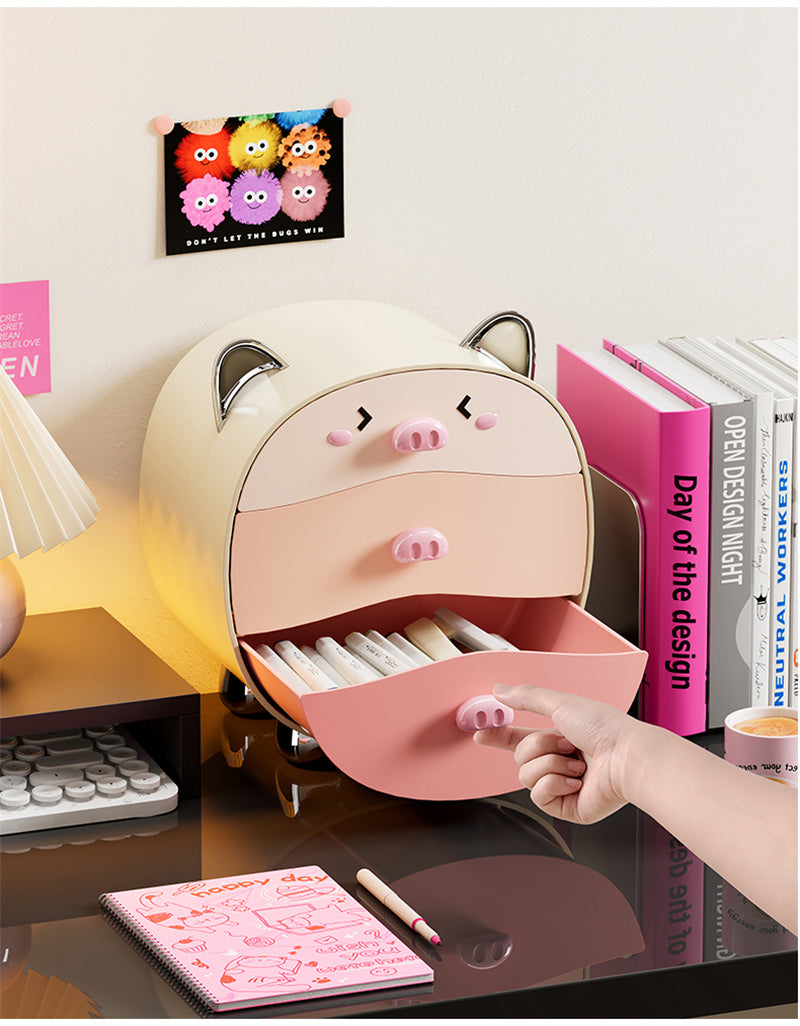 Cartoon Pig Storage Box With Drawer, Office Bedroom Desk Organization