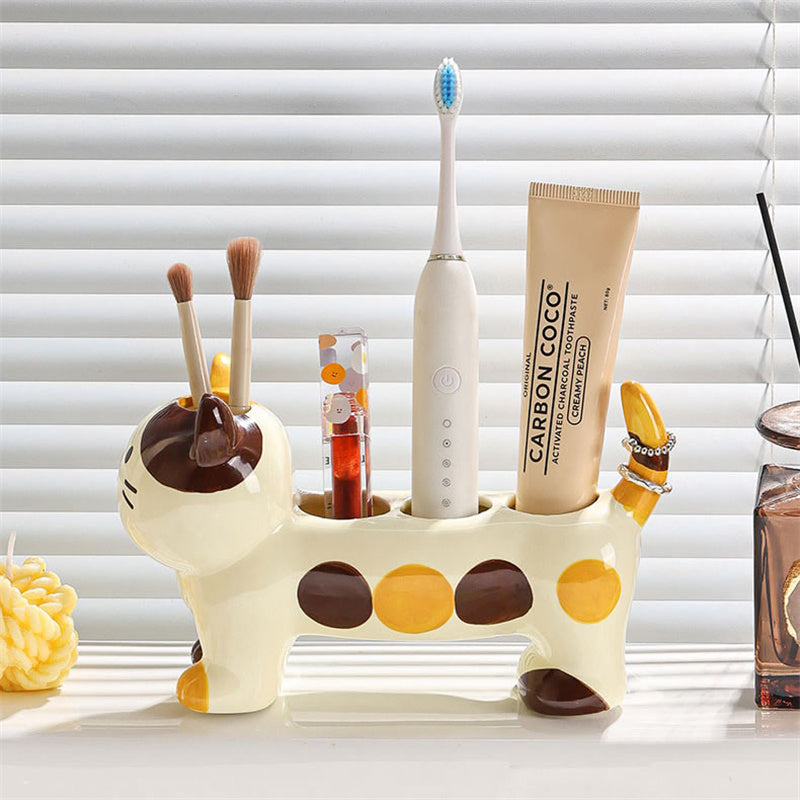 Cat - Shaped Ceramic Toothbrush Holder, Cute Bathroom Organizer for Toothbrushes and Toothpaste