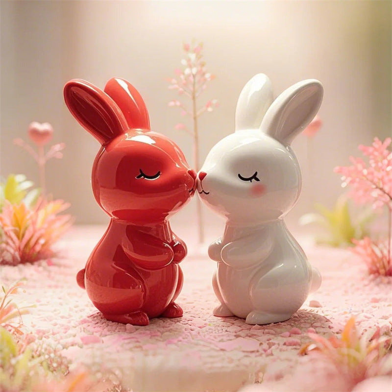 Ceramic Bunny Figurine Set - Cute Red & White Rabbit Statues for Home Decor Wedding Gift