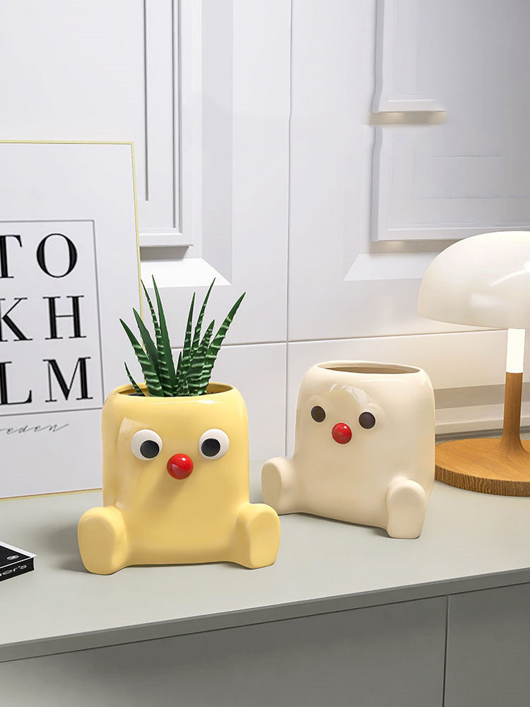 Ceramic Red-Nose Cartoon Planter: Cute Office Pen Holder
