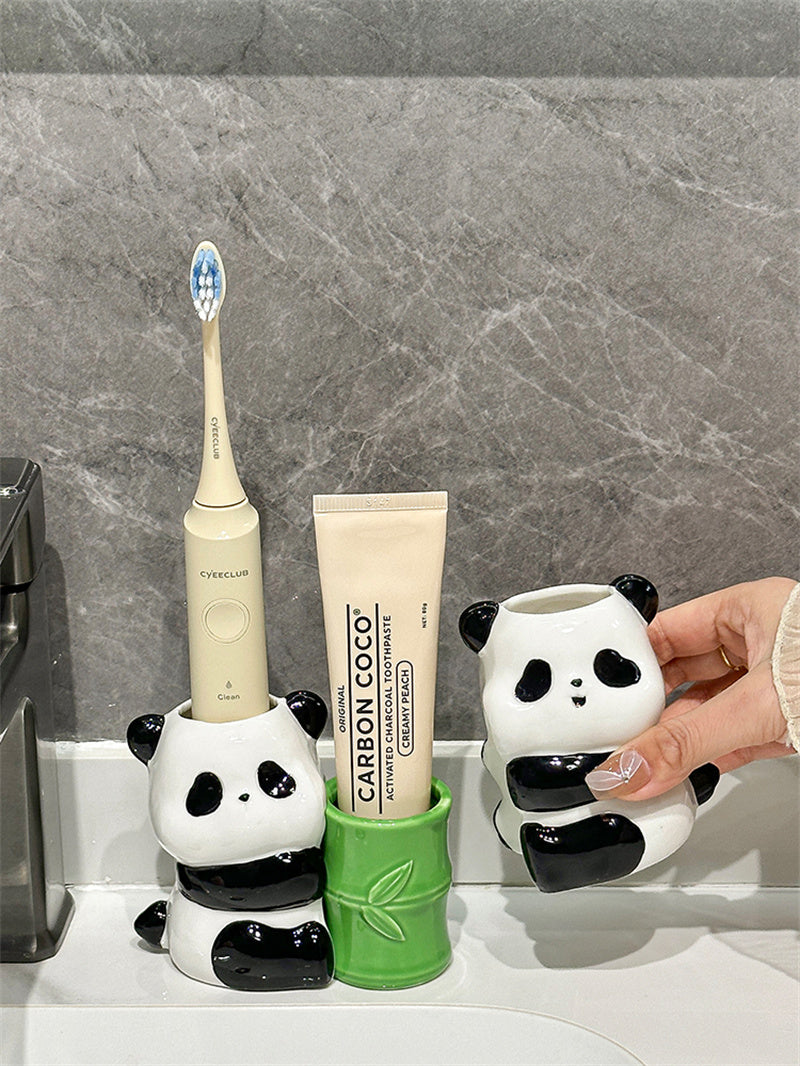 Ceramic Panda Toothbrush & Pen Holder - Playful Bamboo Bathroom Organizer