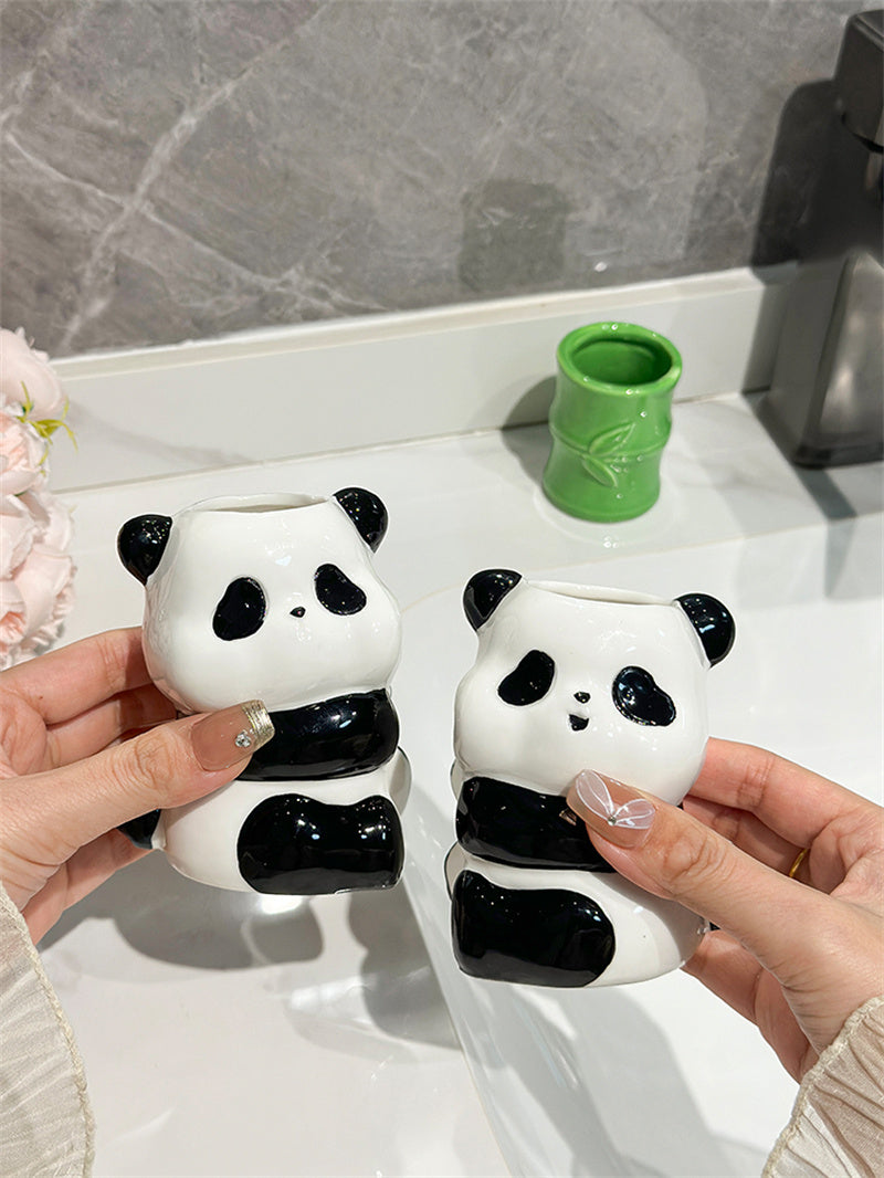 Ceramic Panda Toothbrush & Pen Holder - Playful Bamboo Bathroom Organizer