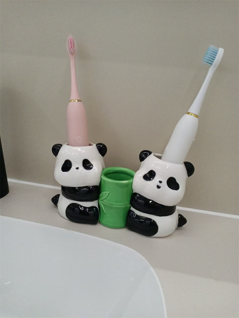 Ceramic Panda Toothbrush & Pen Holder - Playful Bamboo Bathroom Organizer