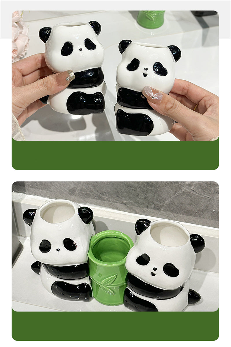 Ceramic Panda Toothbrush & Pen Holder - Playful Bamboo Bathroom Organizer