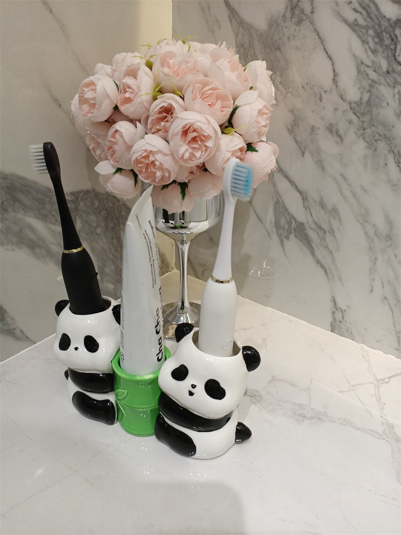 Ceramic Panda Toothbrush & Pen Holder - Playful Bamboo Bathroom Organizer