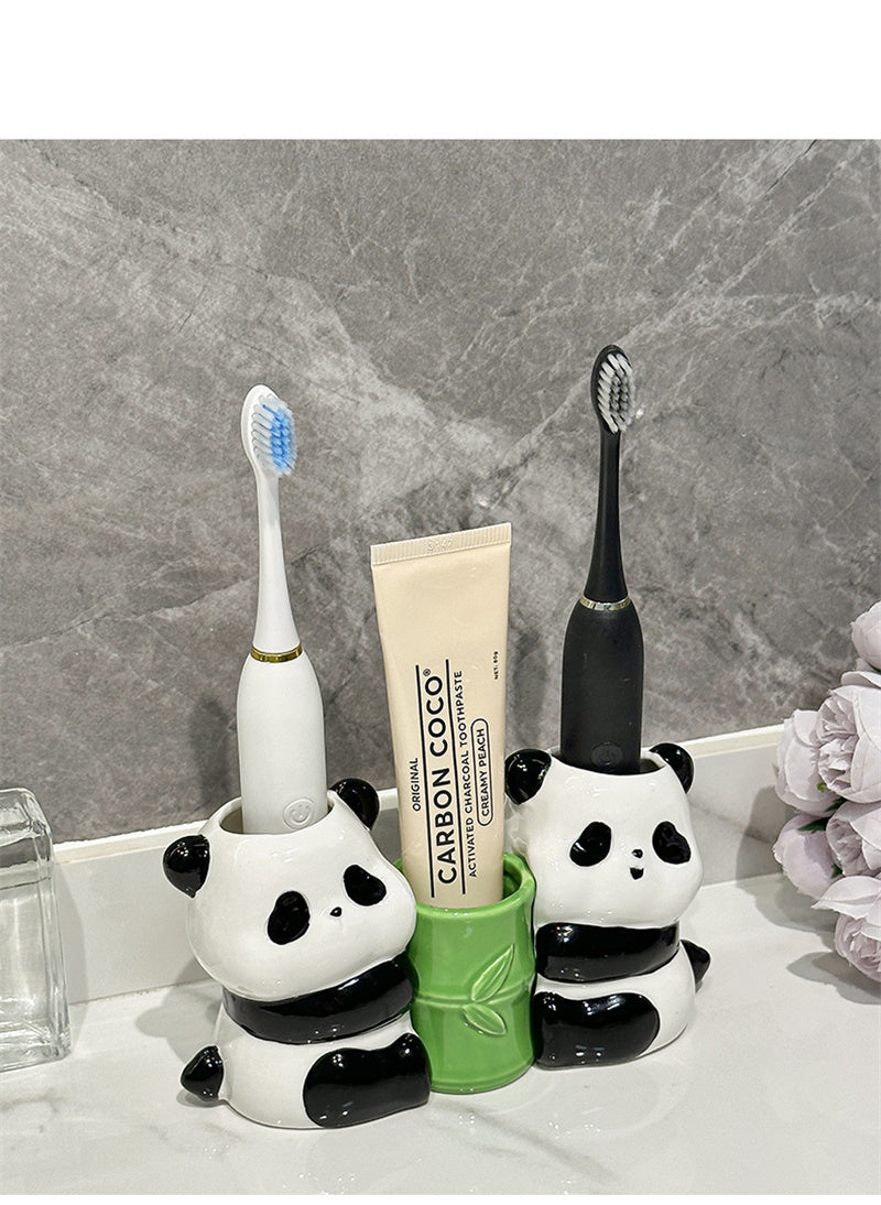 Ceramic Panda Toothbrush & Pen Holder - Playful Bamboo Bathroom Organizer