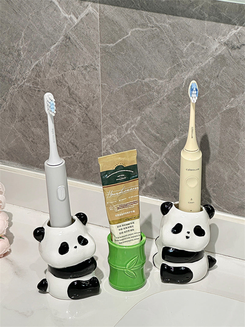 Ceramic Panda Toothbrush & Pen Holder - Playful Bamboo Bathroom Organizer