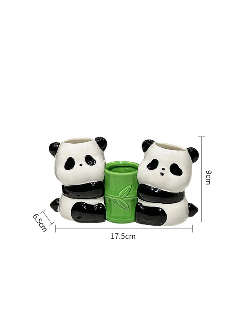 Ceramic Panda Toothbrush & Pen Holder - Playful Bamboo Bathroom Organizer