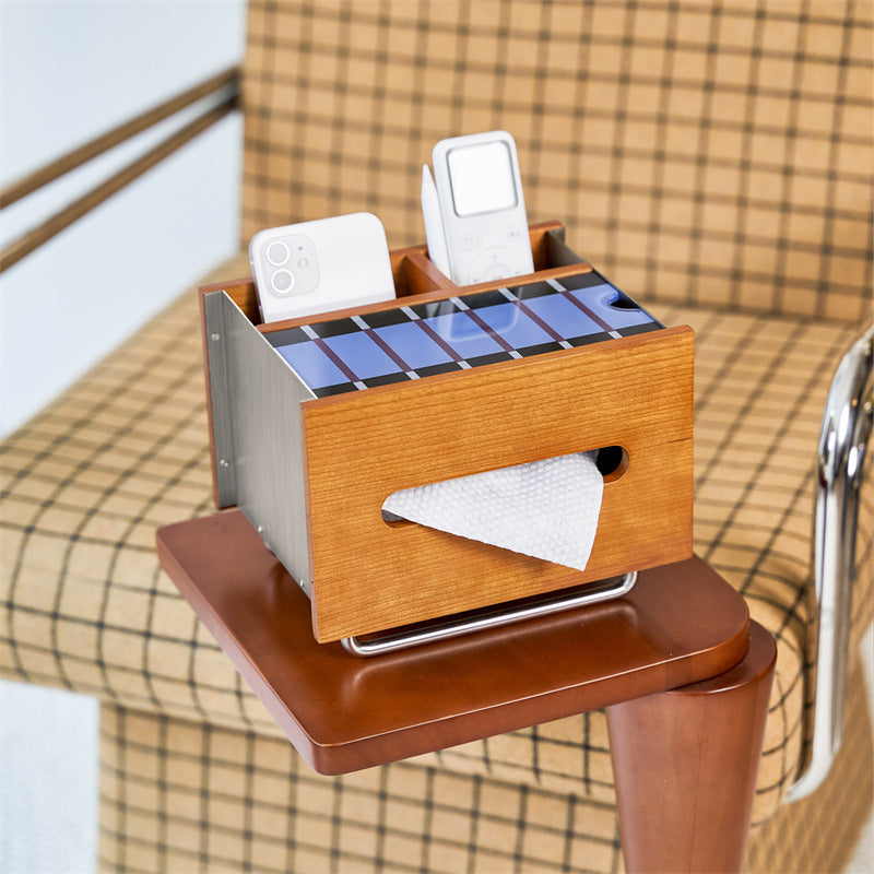 Cherry Wood Stainless Steel Tissue Box, Multi‑Compartment Desk Organizer with Decorative Graphic Top Panel
