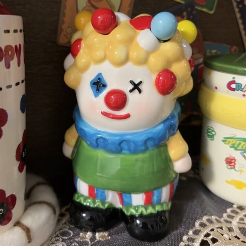 Chubby Cartoon Circus Clown Ceramic Fruit Fork Holder, Cartoon Cute Dessert Fork,Playful Dining Kitchen Counter Decor