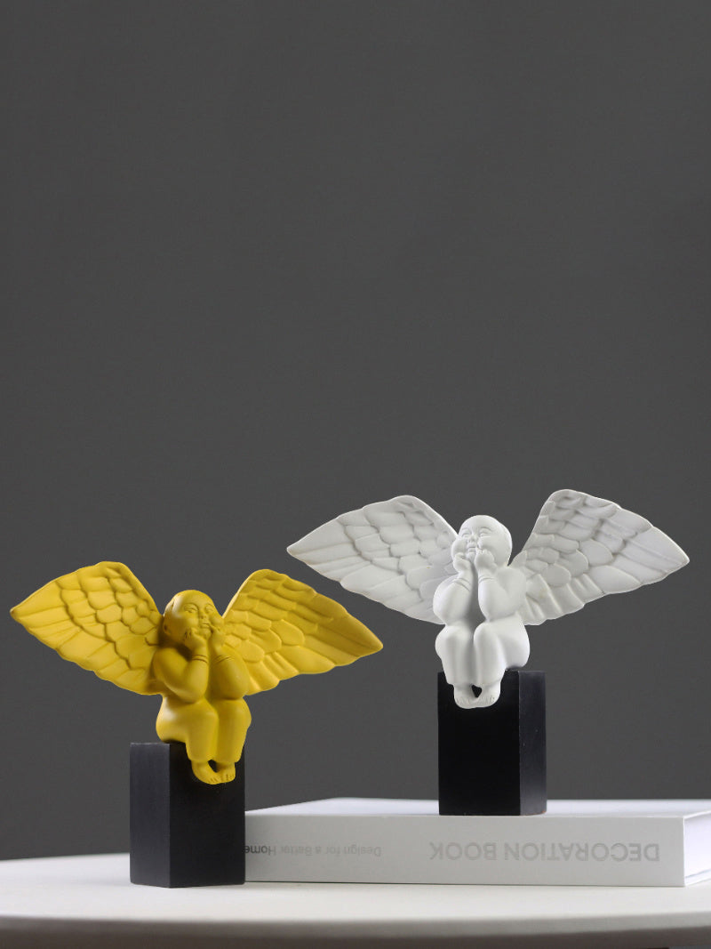 Chubby Squatting Angel Resin Figurine, Large Wing Cherub Sculpture , Modern Minimalist Home Table Decor Ornament