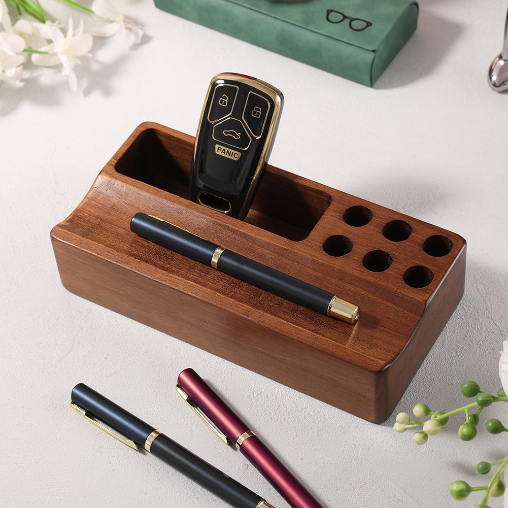 Classic Wooden Desktop Organizer Pen Holder - 6 Pen Slots and Small Storage Box
