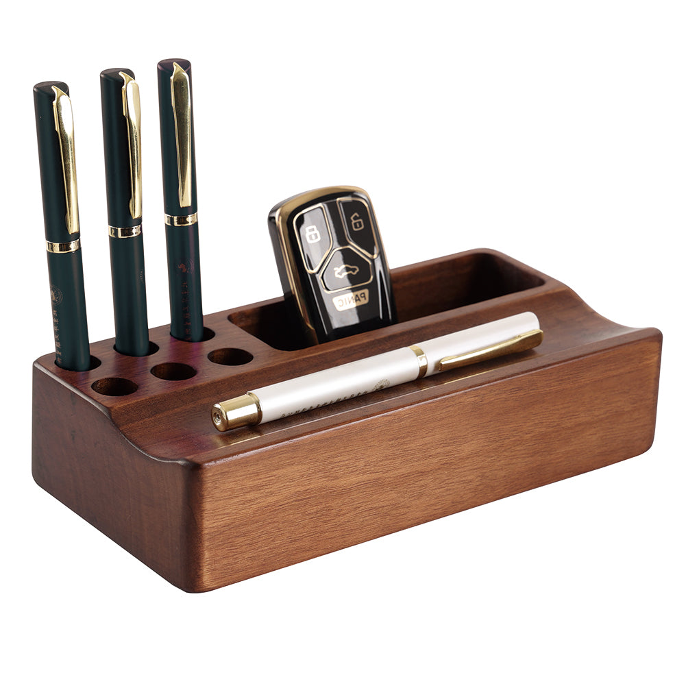 Classic Wooden Desktop Organizer Pen Holder - 6 Pen Slots and Small Storage Box