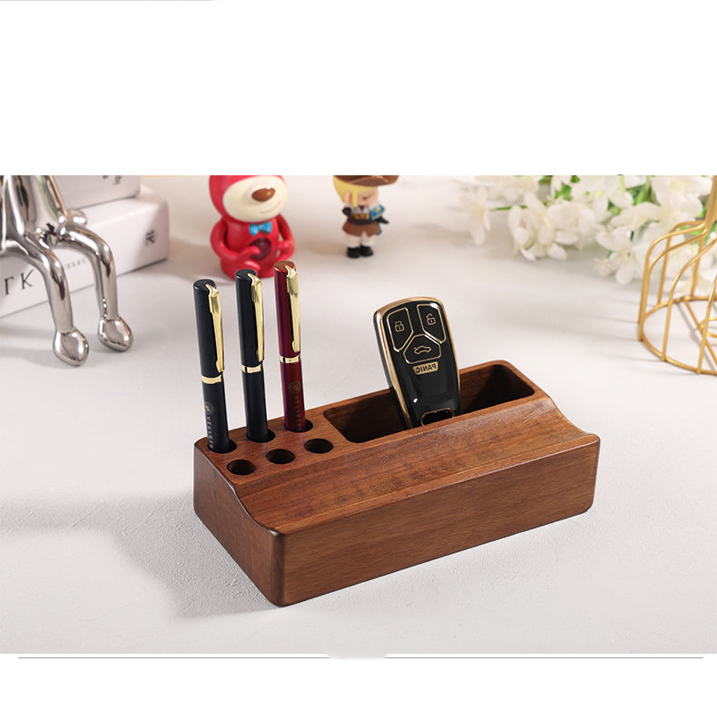 Classic Wooden Desktop Organizer Pen Holder - 6 Pen Slots and Small Storage Box