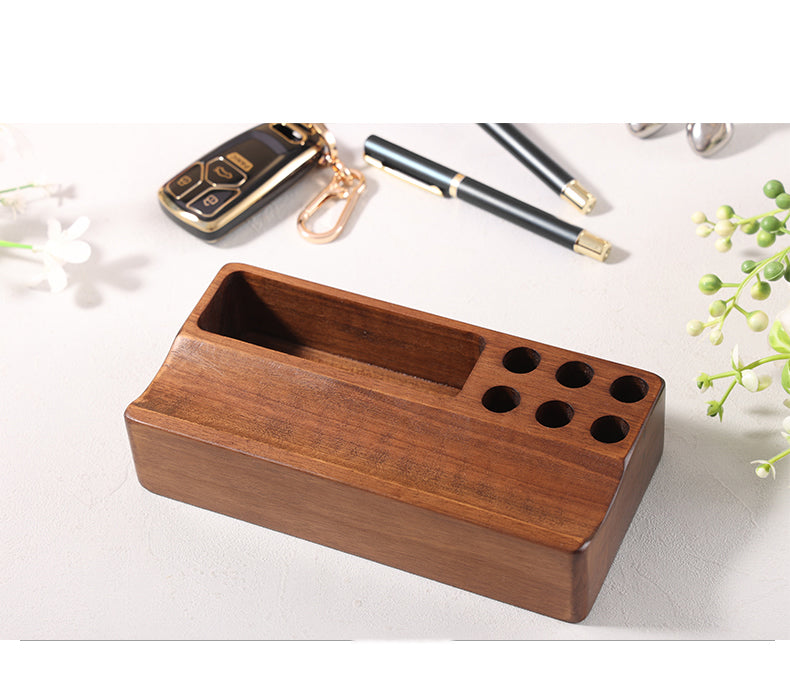 Classic Wooden Desktop Organizer Pen Holder - 6 Pen Slots and Small Storage Box