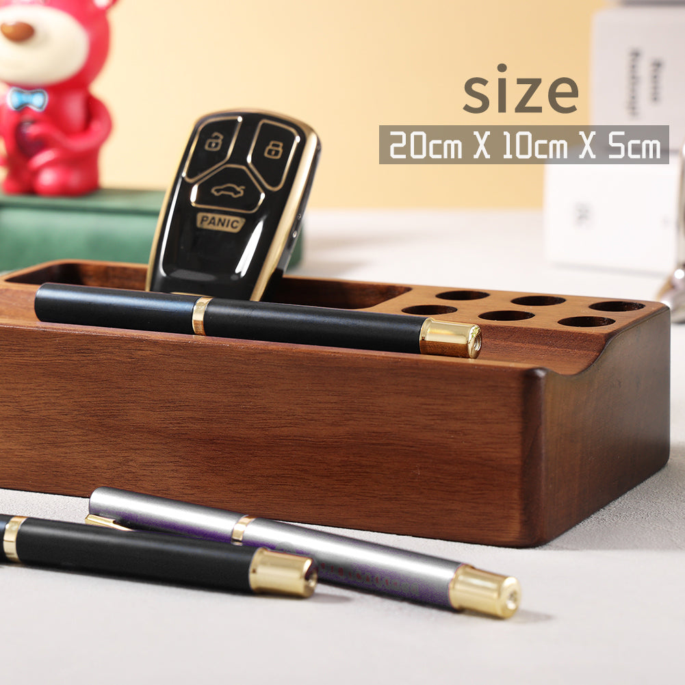 Classic Wooden Desktop Organizer Pen Holder - 6 Pen Slots and Small Storage Box