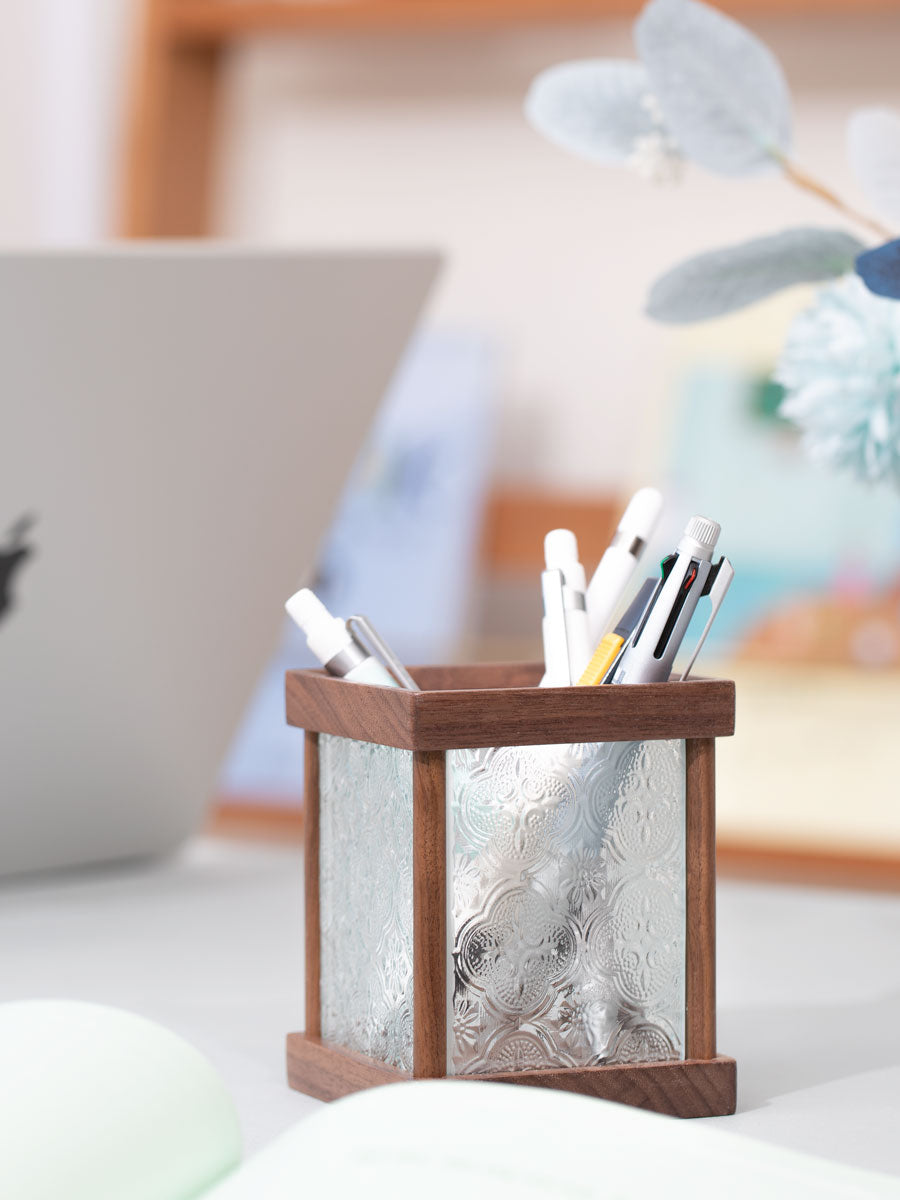 Classic wooden glass pen holder, desktop organization