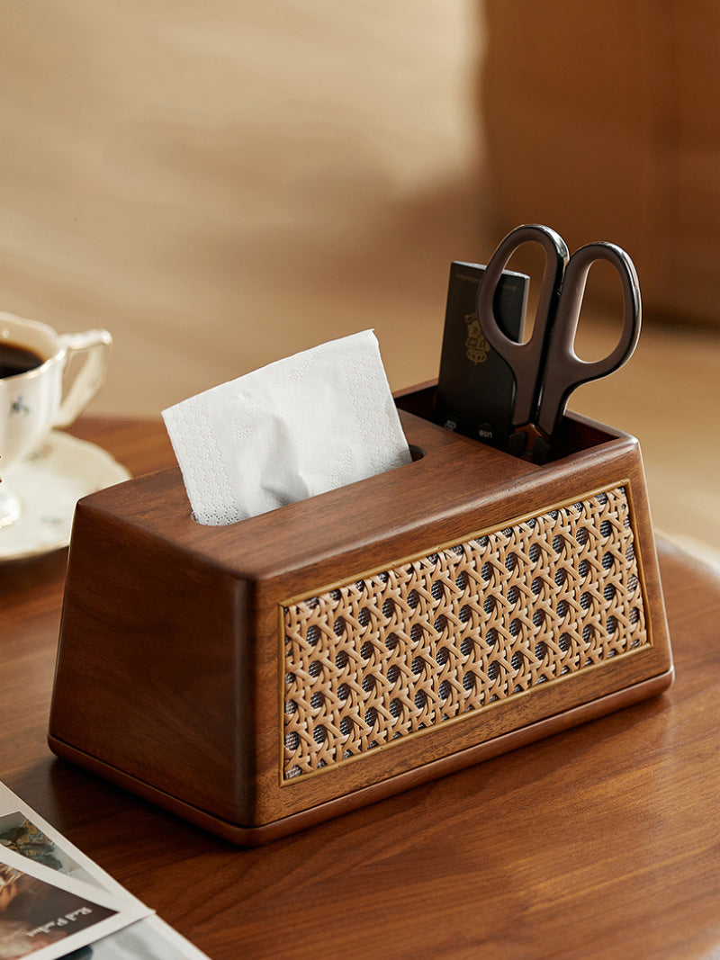Classic Wooden Rattan Craft Tissue Box, Desktop Storage