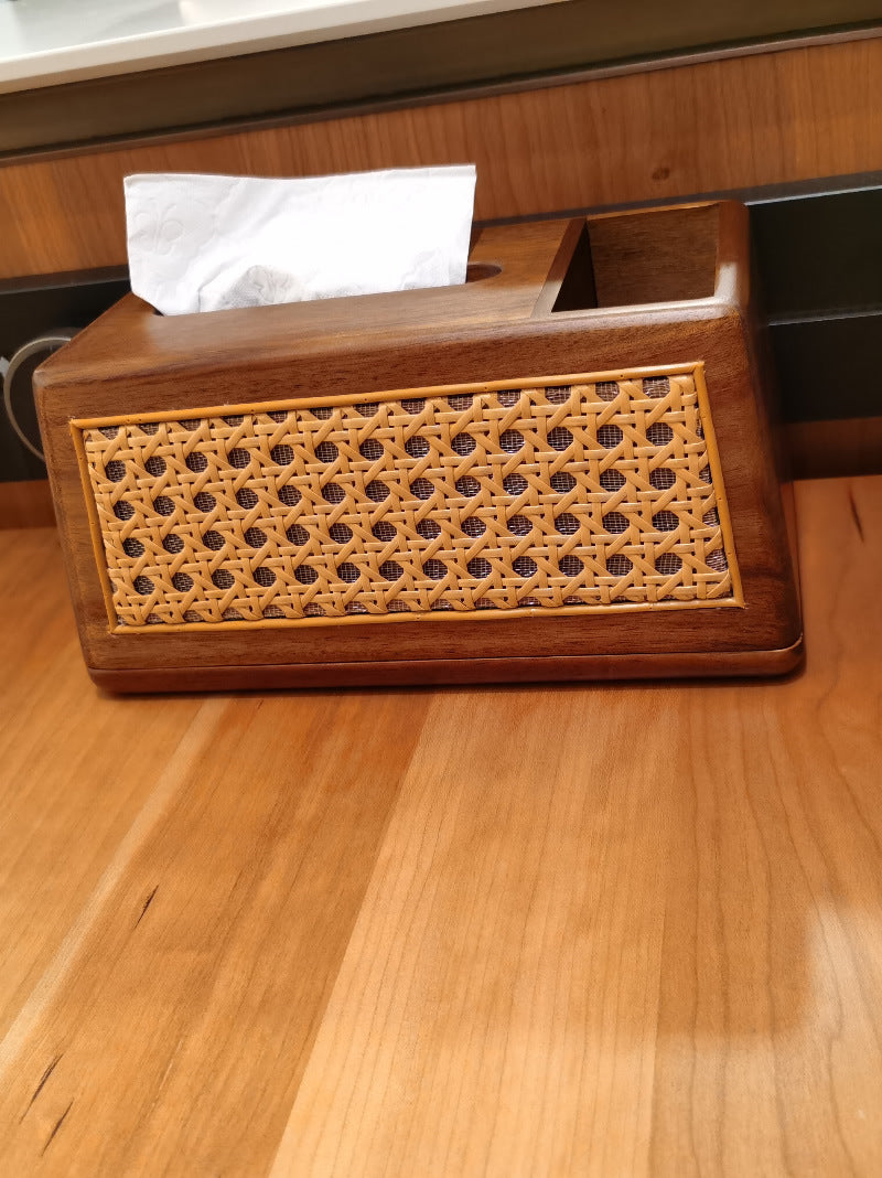 Classic Wooden Rattan Craft Tissue Box, Desktop Storage