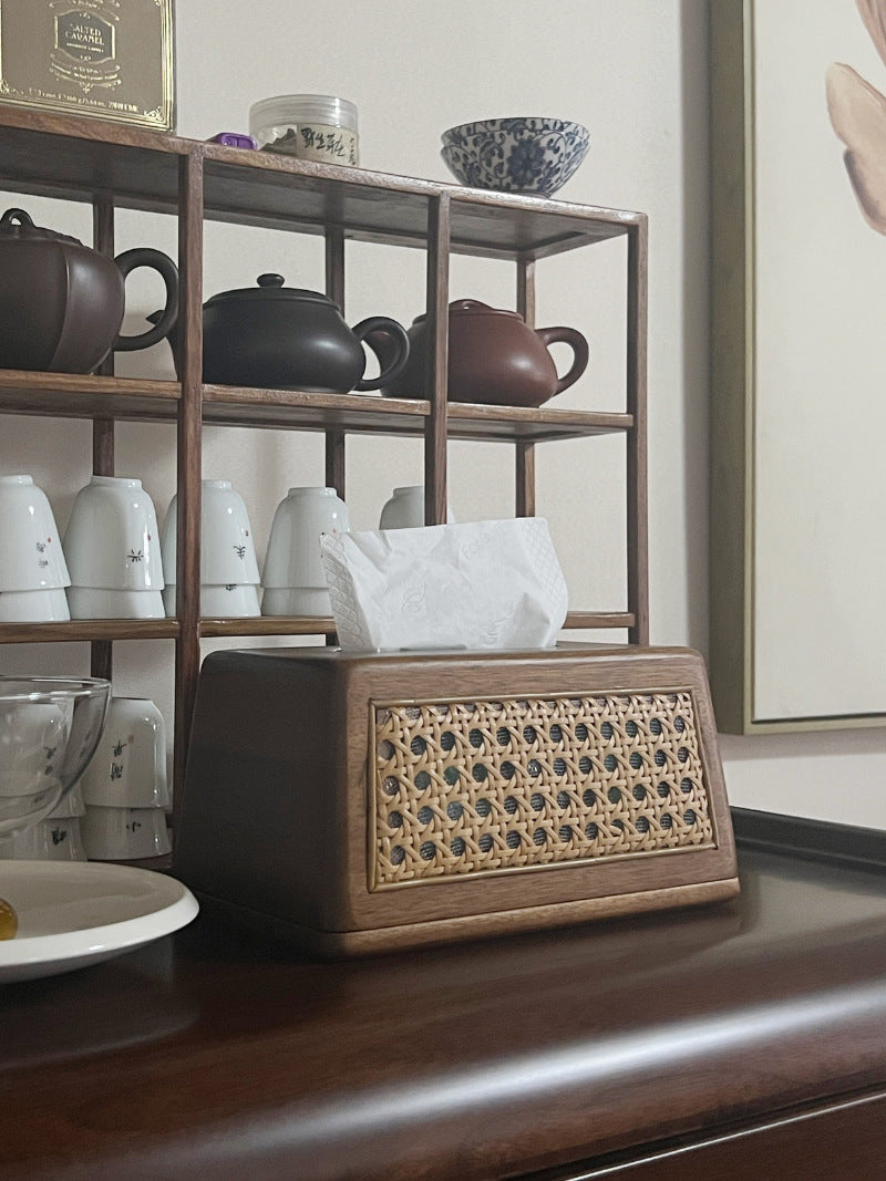 Classic Wooden Rattan Craft Tissue Box, Desktop Storage
