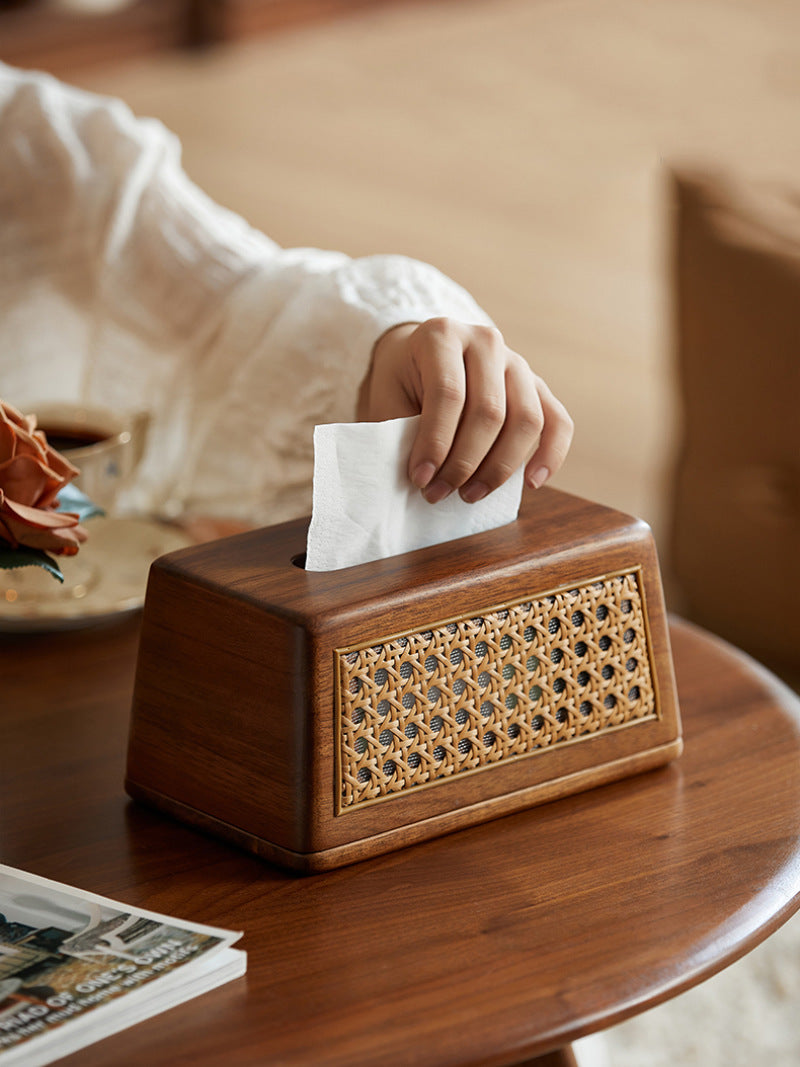 Classic Wooden Rattan Craft Tissue Box, Desktop Storage