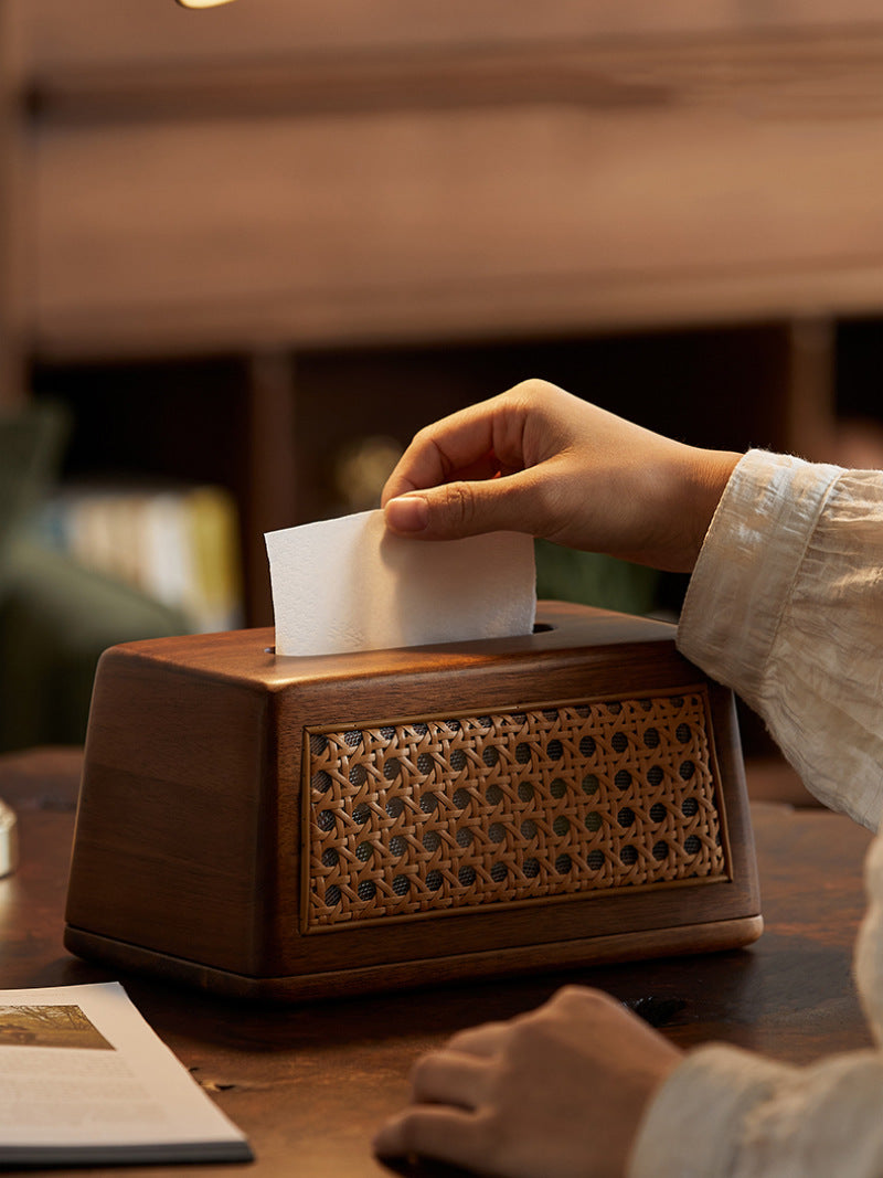 Classic Wooden Rattan Craft Tissue Box, Desktop Storage