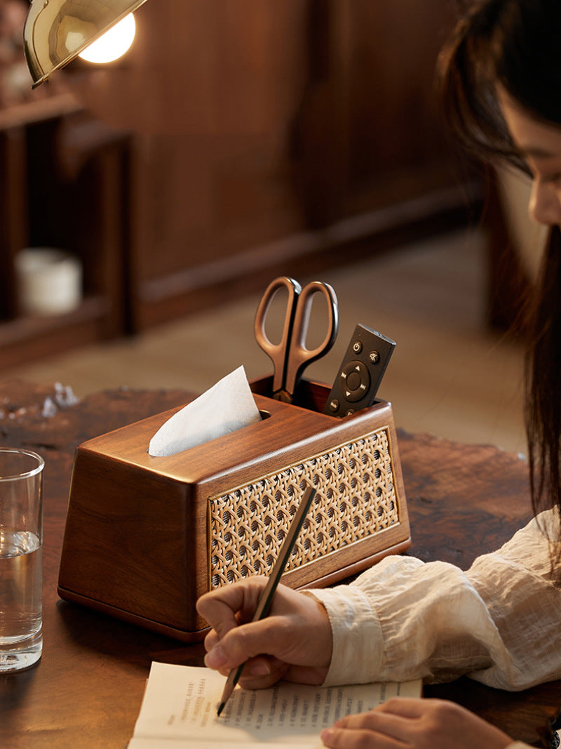 Classic Wooden Rattan Craft Tissue Box, Desktop Storage