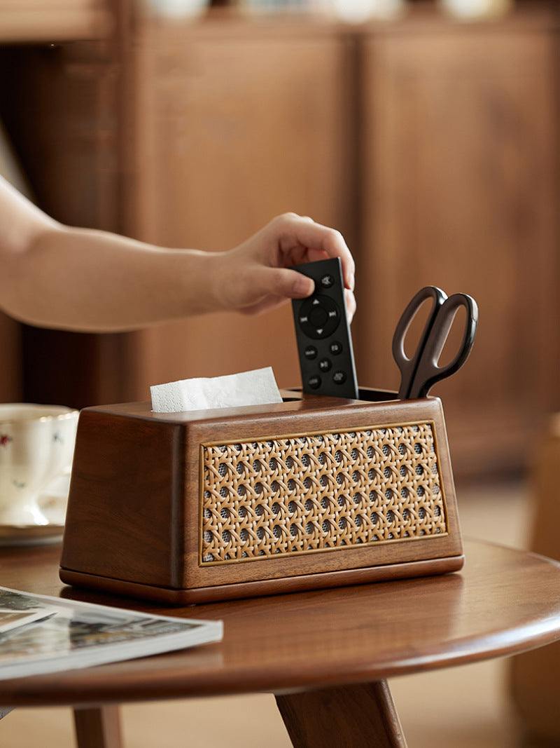 Classic Wooden Rattan Craft Tissue Box, Desktop Storage