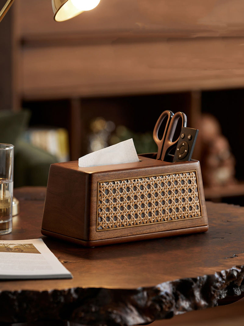 Classic Wooden Rattan Craft Tissue Box, Desktop Storage