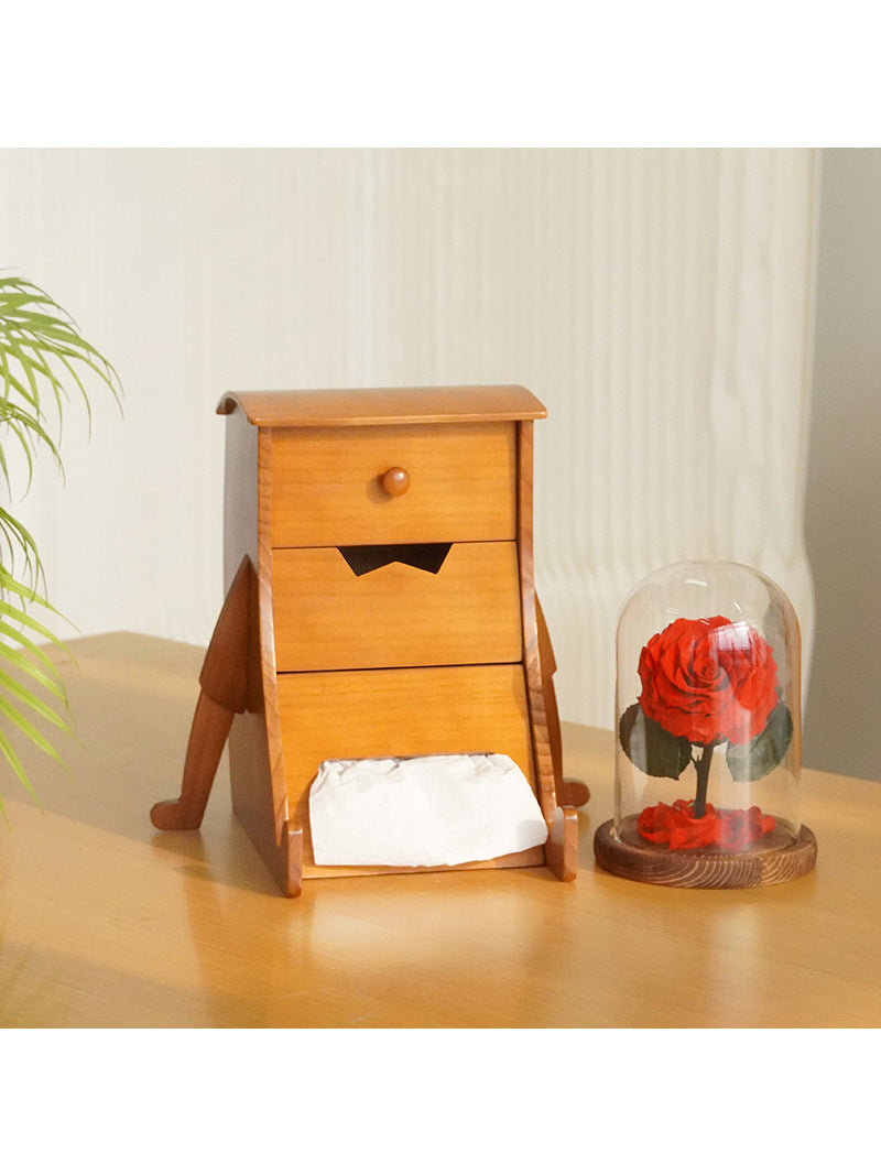 Classic Wooden Robot-Shaped Tissue Box With Drawer Storage Box