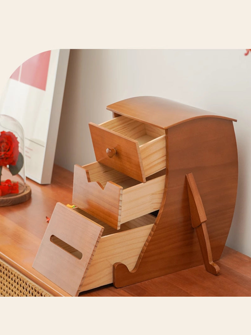 Classic Wooden Robot-Shaped Tissue Box With Drawer Storage Box