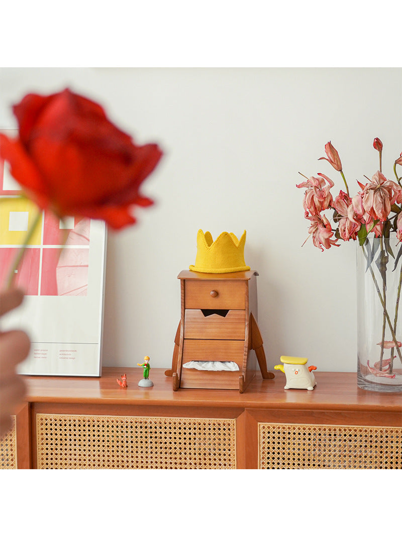 Classic Wooden Robot-Shaped Tissue Box With Drawer Storage Box