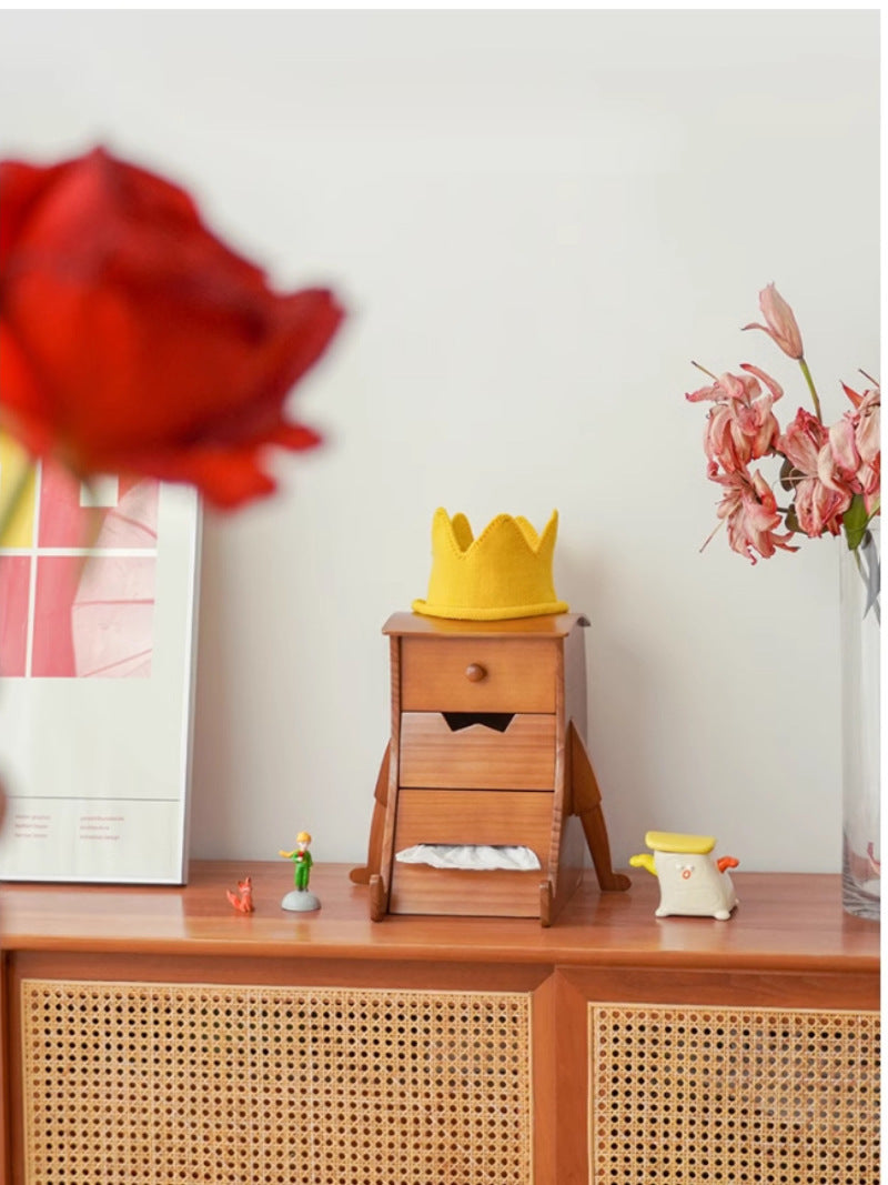 Classic Wooden Robot-Shaped Tissue Box With Drawer Storage Box