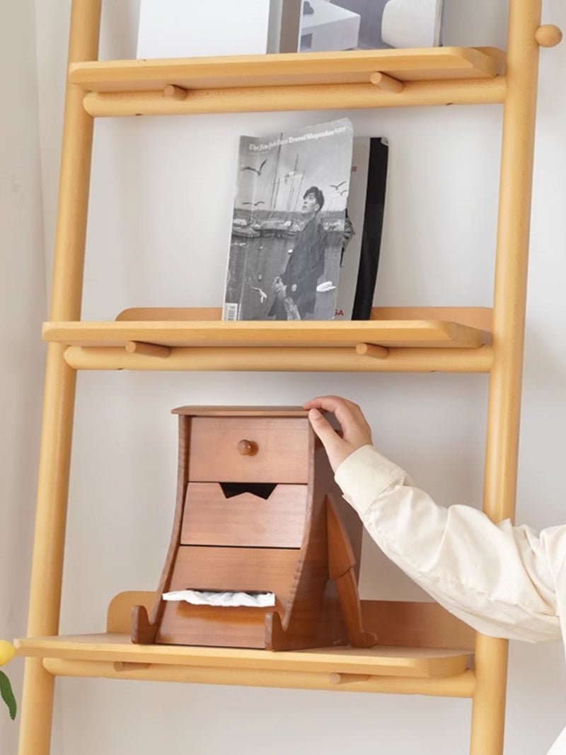 Classic Wooden Robot-Shaped Tissue Box With Drawer Storage Box