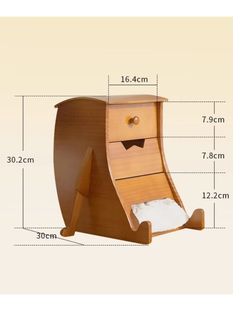 Classic Wooden Robot-Shaped Tissue Box With Drawer Storage Box