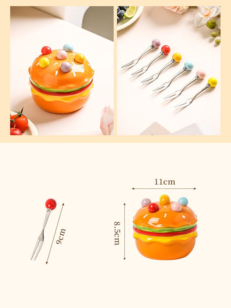 Colorful Fruit Forks Set With Delicious Hamburger Organizer Stand