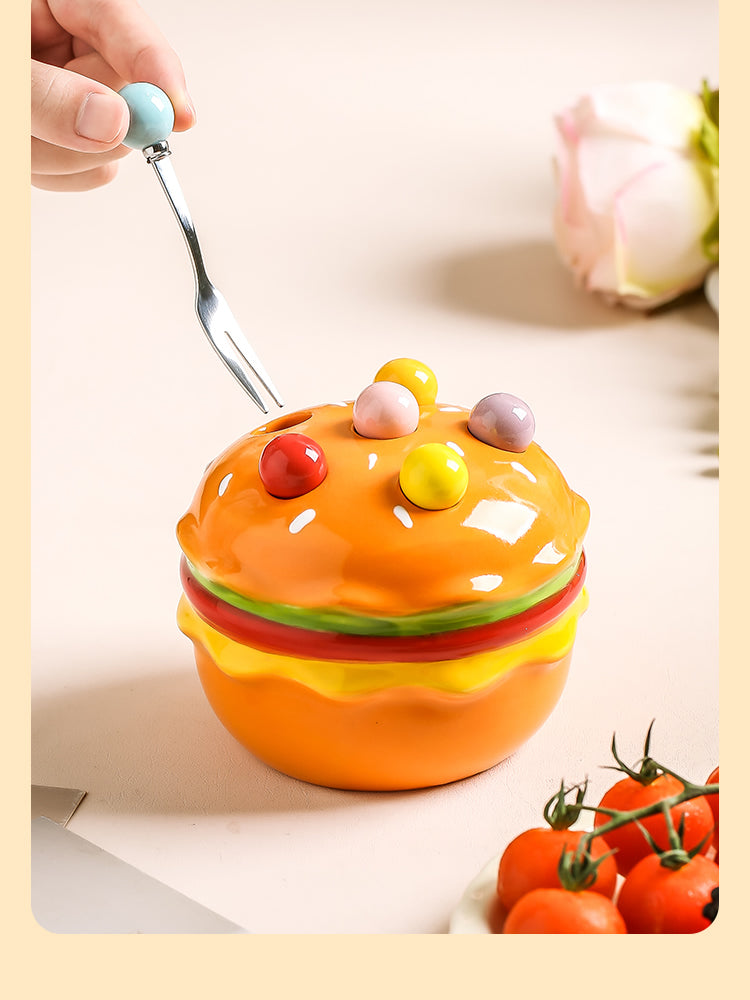 Colorful Fruit Forks Set With Delicious Hamburger Organizer Stand