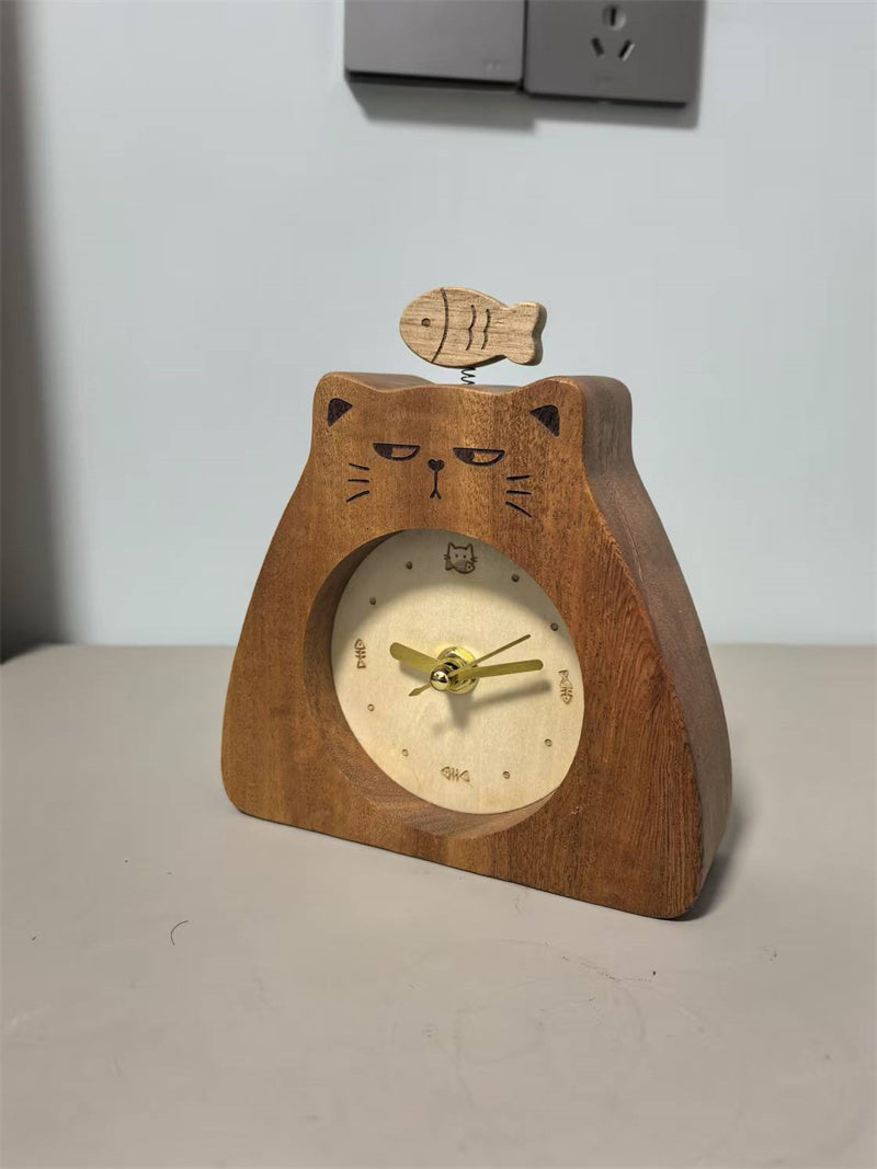 Cool Cat & Fish Wooden Desk Clock – Quirky & Stylish Timepiece for Your Workspace