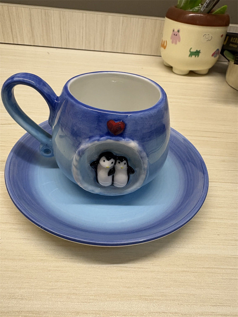 Couple Penguin Ceramic Coffee Cup, Gradient Blue Arctic Ice Cave Coffee Tea Cup, Cute Valentine Heart Design Drinking Cup