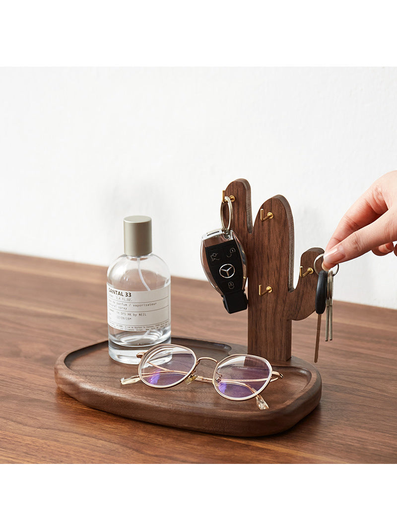 Creative Wooden Cactus Desktop Hook Storage Tray, Office Desk Organization